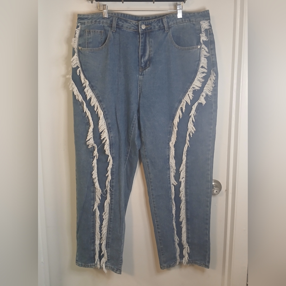 Blue Frayed Straight Leg Fringe High Rise Denim Jeans 2X NWOT